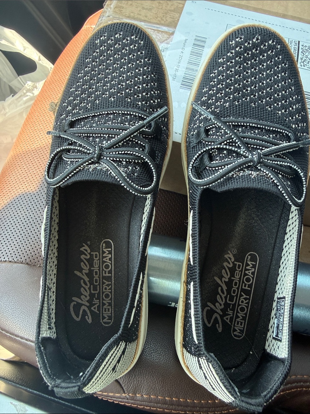 Skechers Black Knit Slip-On Memory Foam Loafers with White Accents
